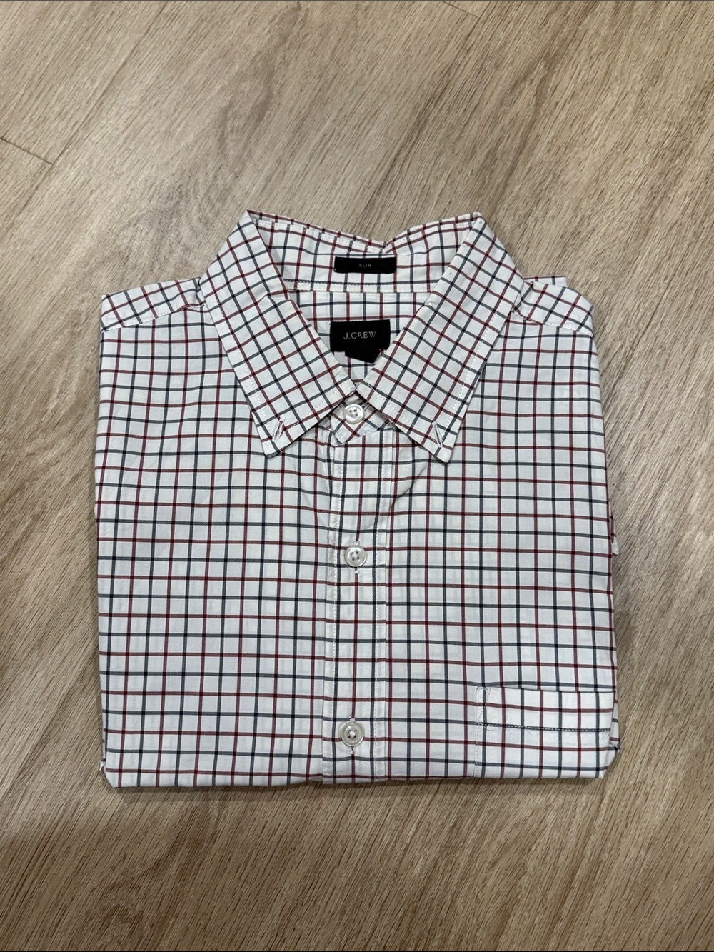 J. Crew Men's White Check Dress Shirt with Red and Black Grid